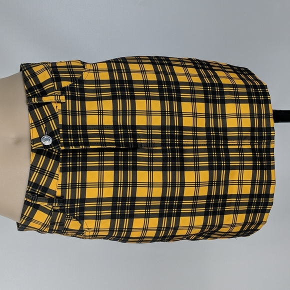 Womens Skirt Size Small Yellow Black Check Mini Pencil Zip Fly Button Belt Loops - Picture 2 of 8